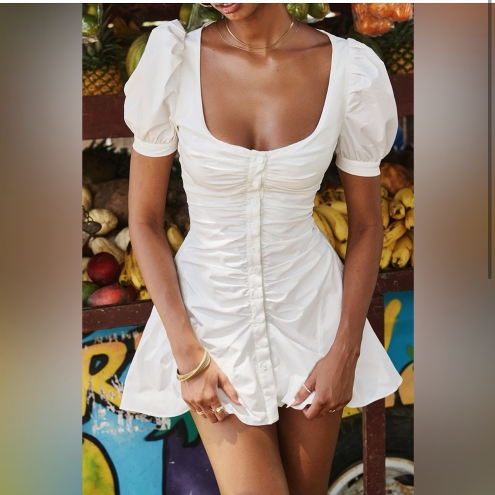 House of CB White Ruched Mini Dress with Puff Sleeves